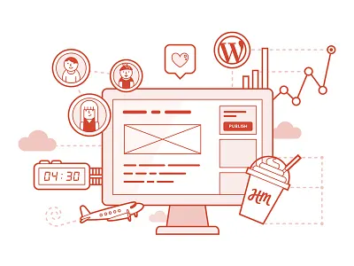 WordPress Series — Two computer design development illustration monochrome people red remote screen stats web wordpress