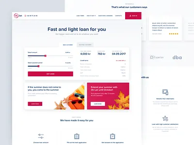 Ok Lan Landing Page calculator tips unit graph chart header invoice loan money minimal clean web design quick loans website red black white responsive design service landing page user experience user interface ux ui