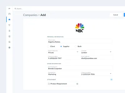 Add Client add client client company crm data details flat form list table ui ux
