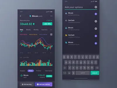 Virtual Currency App - K Line Chart app bitcoin chart currency dark data green k line purple virtual yiker
