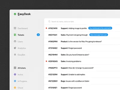 EasyDesk Support, Feedback - Tickets app clean data help desk helpdesk minimal support table tickets ui ux web