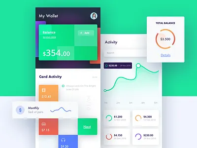 App Wallet app cards graph green statistic ui ux wallet