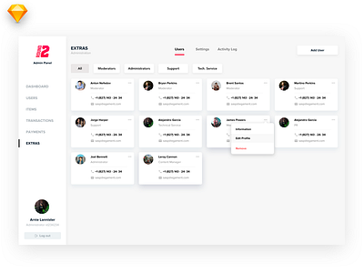 Sports Marketplace Extras crm dashboard filter listing navigation roles sorting tabs tiles users