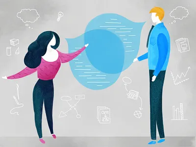 Working on Communication article business clients communicate communication illustration man understand understanding woman