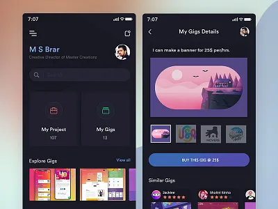 Dark Theme app clean concept dark design explore gigs light project redesign simple