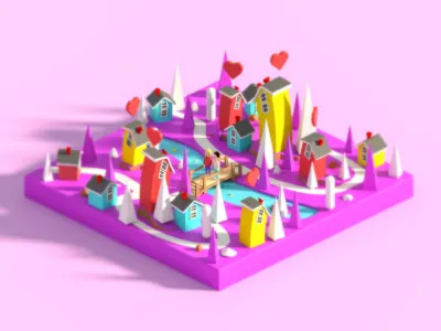 Love city 4 3d animation building car city flat illustration landing page low poly town ui ux water web design