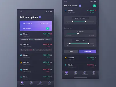 Virtual Currency App - Set Warning Tool app bitcoin currency dark data list purple tool virtual warning yiker
