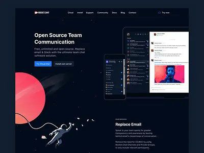 Rocket.Chat Landing Page astronaut chat dark desktop devices hero illustration interface landing lp space website