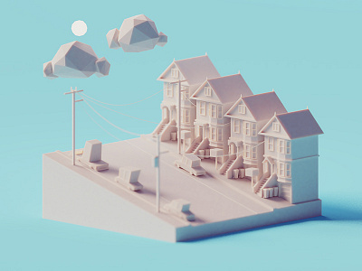 SF scene (subsurface scattering version) architecture b3d blender buildings illustration isometric low poly render san francisco sf usa