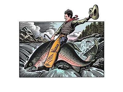 Gallatin River Lodge brand fish gallatin river lodge logo scratchboard woodcut