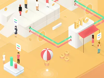 Assets flow - illustration baloon blockchain ico illustration isometric stage warm yellow