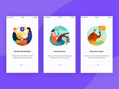Onboarding Screens for The Secret App answer cards feed follow illustartion login onboarding people profile question secret user