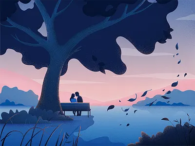 Under The Tree charachter graphic illustration landscape material romantic summer tree twillight wind woman