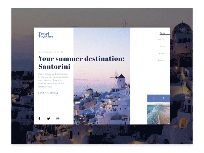 Travel Blog Landing Page - Carousel Animation animation blog blue branding carousel design interaction invision landing page travel ui web