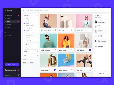 Primetag Platform app cards desktop gilroy grid interface platform purple sidebar