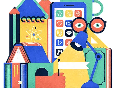 Student Life book bulb coffee eyeglasses eyes hand illustration lamp notepad phone science student