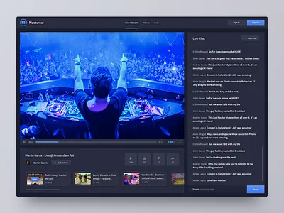 Nocturnal.tv Live Stream app dashboard clean interface edm music player flat music player interface product live stream platform play pause stop ui ux user experience user interface web design website widget