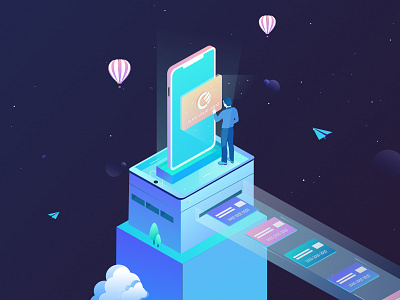 Curve Wallet balloon building card cloud illustration isometric money phone space wallet