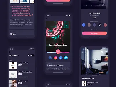 Shopping UI — Profile, Post, Checkout & item Card app card cart dark design gradient ios iphone item post profile