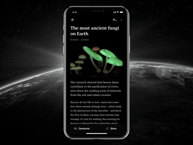 NS iOS: Related News article blog broadcast dark dark interface dark ios naked science news related news science science app text