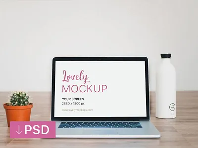 Macbook Mockup With Cactus on Wooden floor apple free high resolution macbook mock up mockup photorealistic photoshop psd workspace