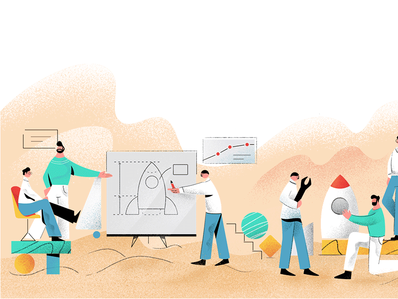Sandbox to launch and test ideas on blockchain collaboration crypto editorial flat illustration landing launch rocket sandbox team texture work