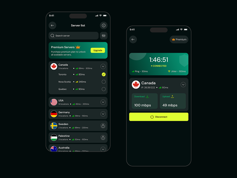 VPN Mobile App UI androidui appdesign cybersecurity darkmodeui dataprotection designinspiration dribbble dribbbleshots figmadesign finestui iosdesign minimalui mobileappdesign moderndesign privacymatters securebrowsing uidesign uxdesign vpnapp