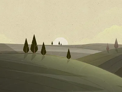 NEW beginning! antique look gradients green hill illustration illustrations landscape layout mood morning mountains nature retro saturated colors scenery shadow textures trees vintage