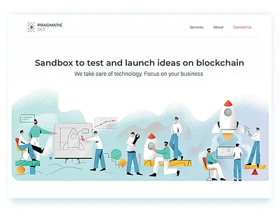 Sandbox to launch and test ideas on blockchain collaboration editorial flat illustration landing launch rocket sandbox team texture work