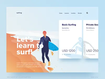 Learn to surf - Sports - Day 012 100days 100daysofillustrations illustration illustrator landing page landscape sports surfing ui