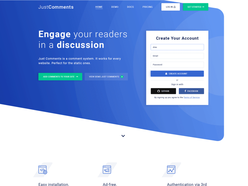 JustComments blue clean design landing landing page service ui ux web web design website wight