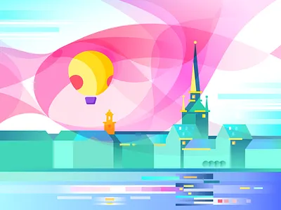 Through rose-colored glasses architecture bright city color concept cover gradient illustration pink river sketch travel