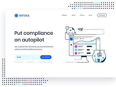 Infima Website brand identity branding compliance icon illustration landing page security start up ui ux wesbite