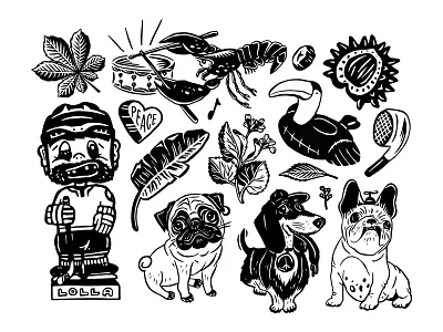 Various Illos cassette crayfish dogs earbud floatie hand drawn hockey house boat illustration leaf music