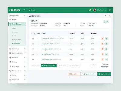 Invoice Screen analytics chart dashboard food inventory invoice left menu table ui ux