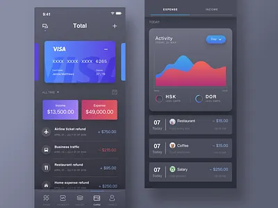Card Page of Finance APP black data finance mode night statistics