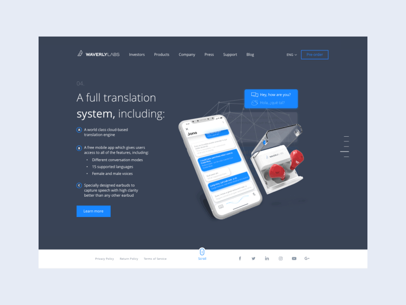 Waverly Labs Product Page animation bubble features gif one page speech startup tech ui web website
