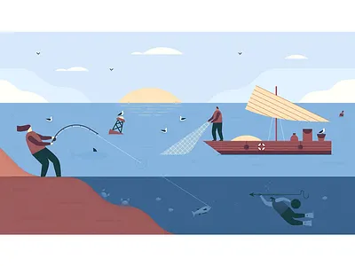 Harvest - 4 boat character fishing harvest ocean scene scuba