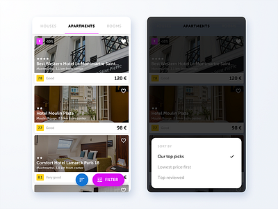 Rent filter concept app fab filter hotel ios mobile popup rent sort travel