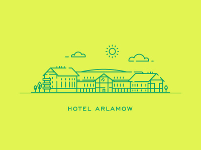 Hotel building clouds green hotel line simple sun tree