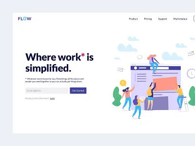 Flow - Landing Page branding client customer dashboard design flat flow hero home page iconography illustration landing login minimal service slack ui ux web website
