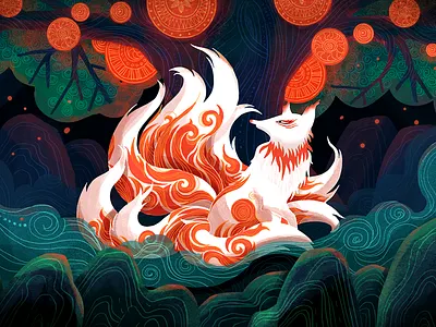 The Fox animal blue fox green hiwow illustration monster red tree