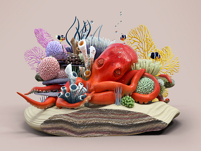 Sleeping Octopus 3d animal c4d coral cross section illustration ocean octopus sea
