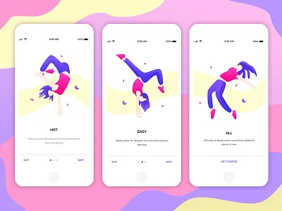 Dance App Onboarding Screens app colour dance mobile onboarding pagination screen ui ux walkthrough