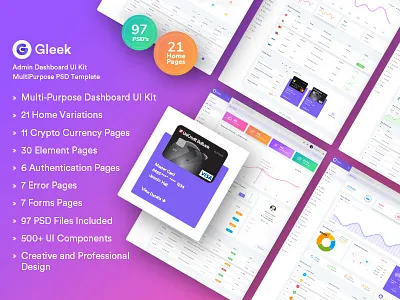Admin Dashboard UI Kit - Gleek admin dashboard crypto currency dashboard kit event dashboard fitness dashboard hospital dashboard invoice app dashboard music app dashboard restaurant ui design ui kit weather dashboard