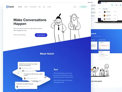 Hatch App - Website Redesign - Features page blue card designer features hatch illustration landing shadow site webpage website white