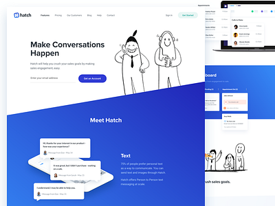 Hatch App - Website Redesign - Features page blue card designer features hatch illustration landing shadow site webpage website white