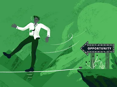 Walk a tightrope balance cliffs illustration man mountains nature opportunity person technology tightrope