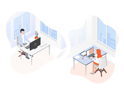 Find a peer branding founder gradient illustration isometric landing page laptop monitor office peer sharing smile swap teamwork typing vector working