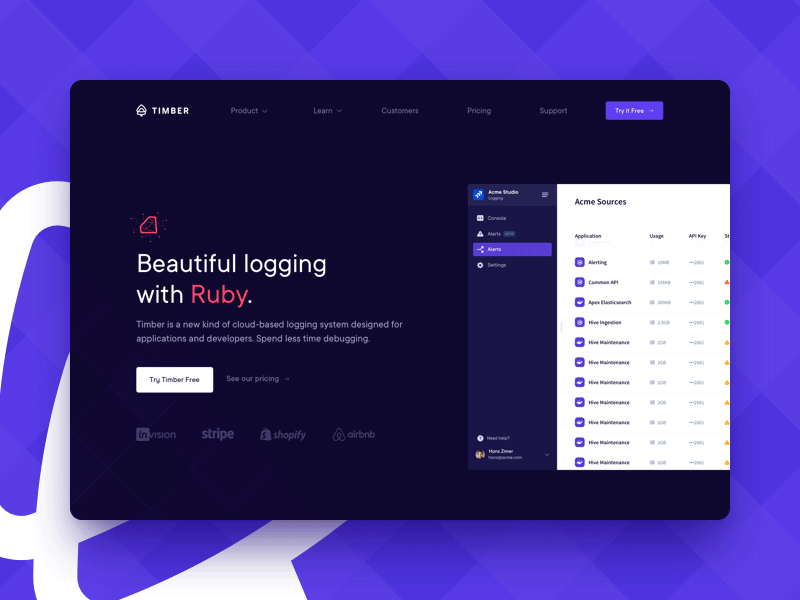 Timber.io - Languages code design icon landing mockup ruby ui ux web